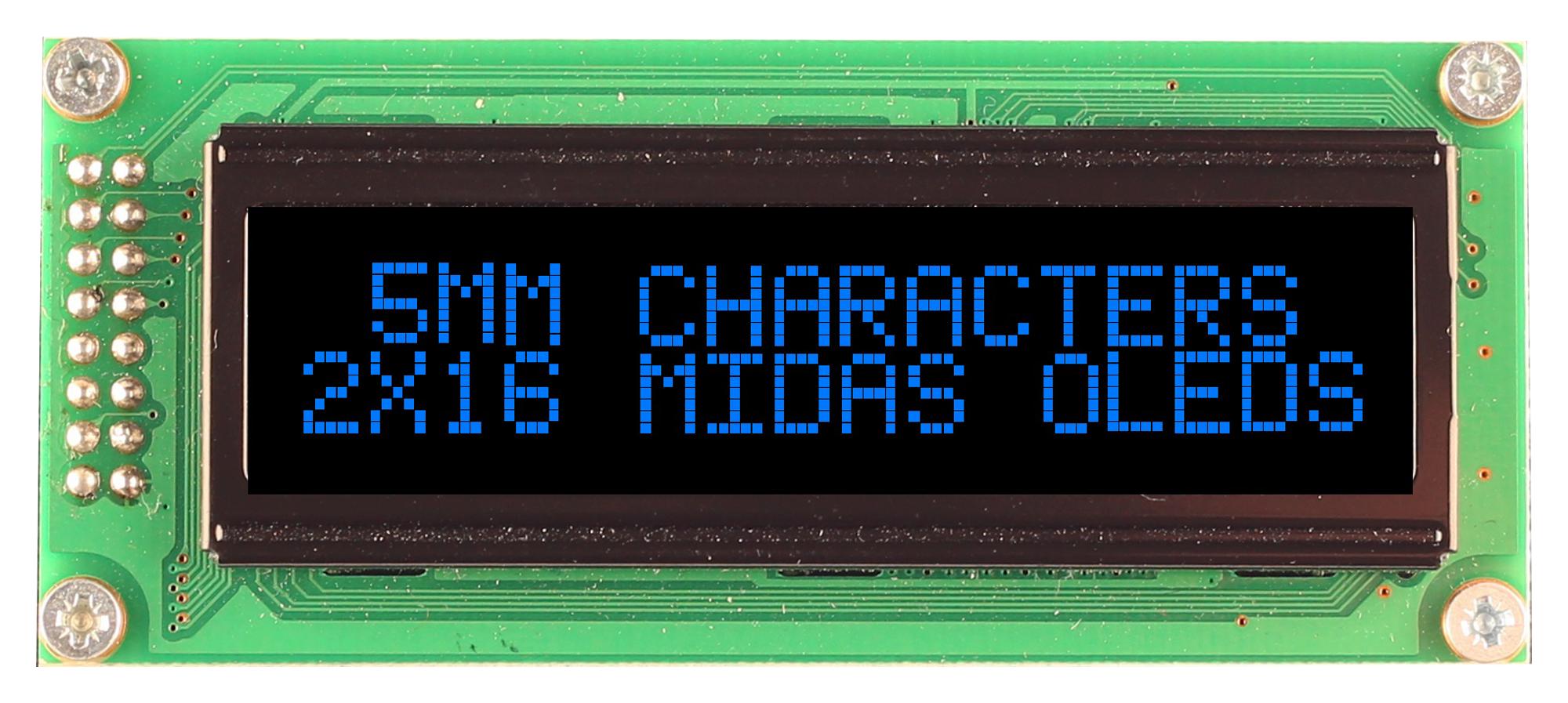 Midas Displays Mcob21605B1V-Ebp Display, Oled, Cob, 16X2, Blue On Black