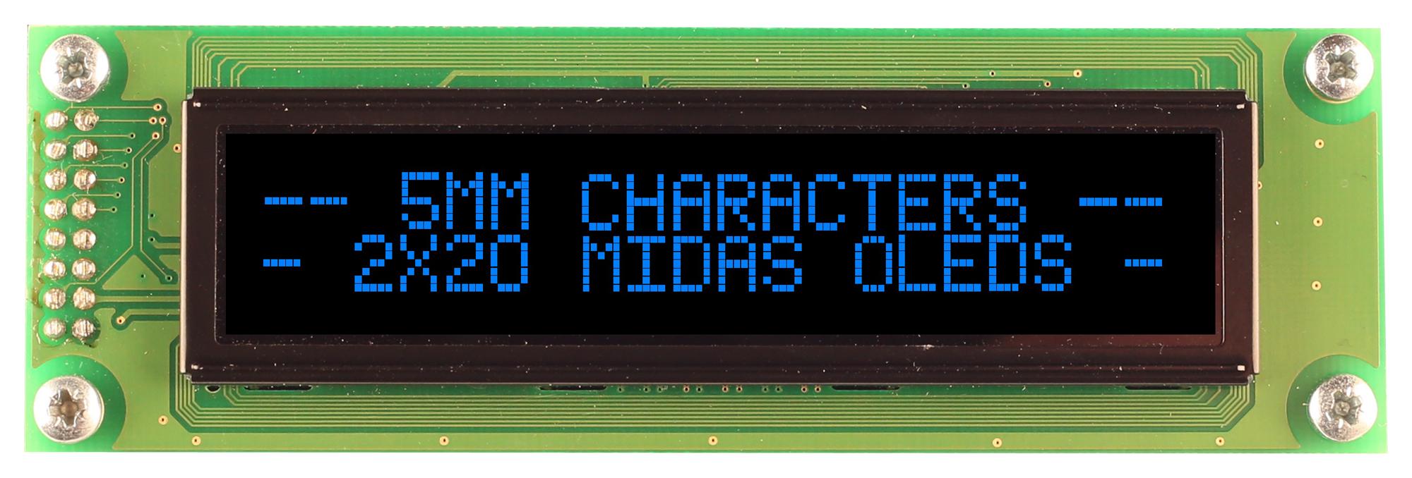 Midas Displays Mcob22005A1V-Ebp Display, Oled, Cob, 20X2, Blue On Black