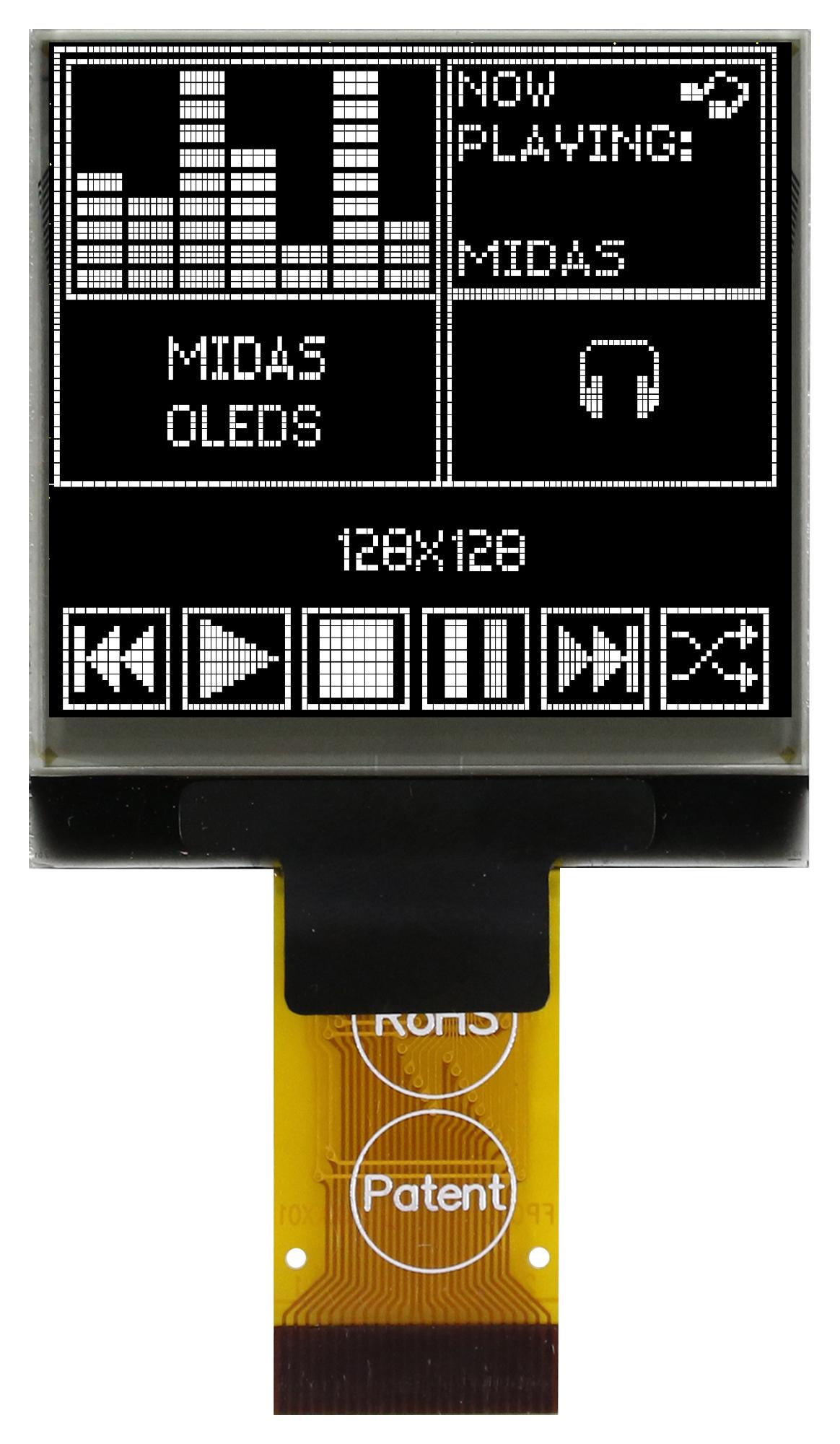 Midas Displays Mcot128128C1V-Wm Display, Oled, Tab, 128X128 Pixels