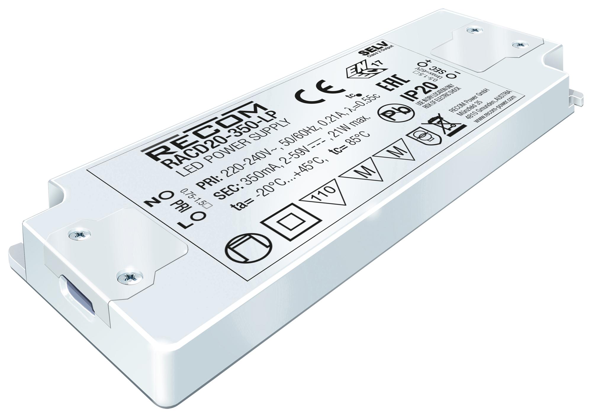 Recom Power Racd20-350-Lp Led Driver, Single O/p, Cc Mode, 21W