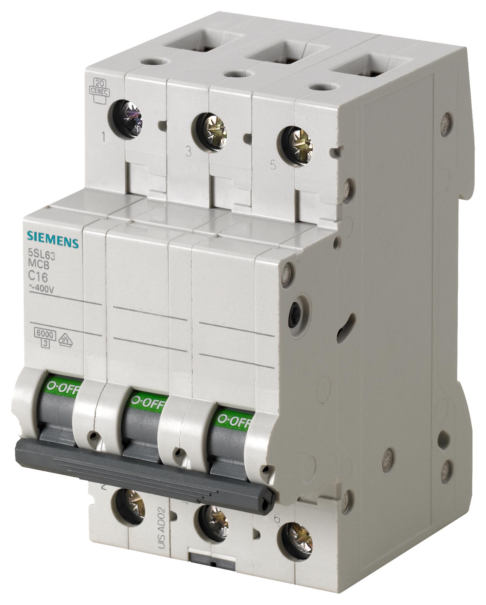 Siemens 5Sl6316-6 Miniature Ckt Breaker, 3P, 16A, 400Vac