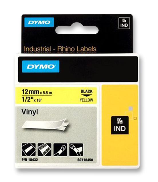 Dymo 18432 Tape, Perm, Vinyl, 12Mmx5.5M, Yellow