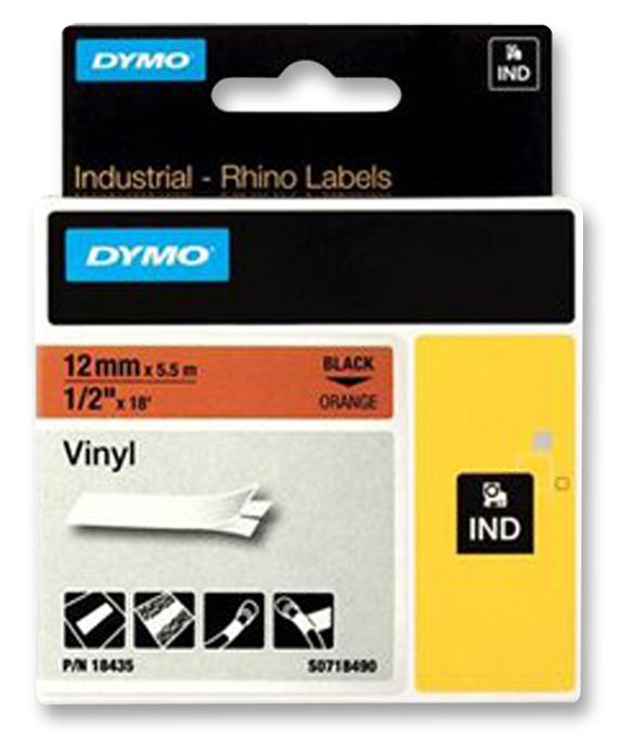 Dymo 18435 Tape, Perm, Vinyl, 12Mmx5.5M, Orange