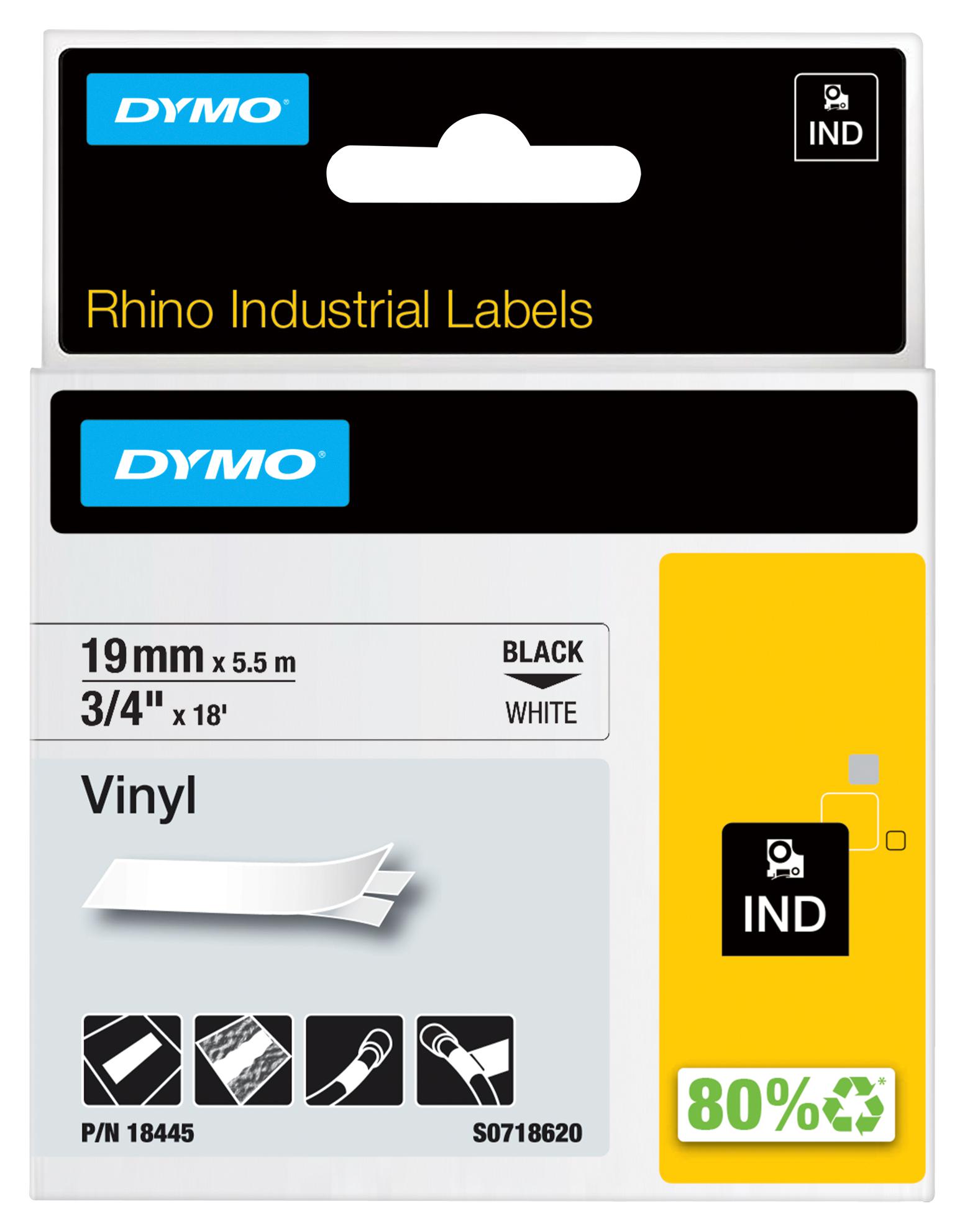 Dymo 18445 Tape, Perm, Vinyl, 19Mmx5.5M, White