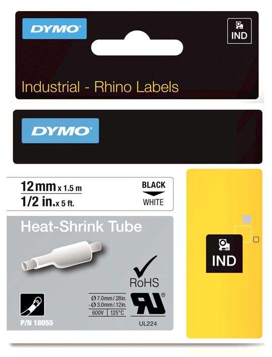 Dymo S0718300 Tubing, Heat Shrink, White, 12Mm