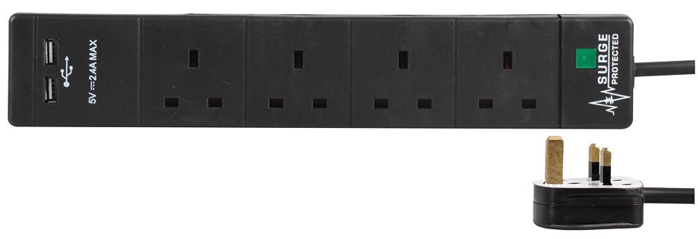 Pro Elec Pel00101 Extension 4 Gang Surge, 2 Usb, Black 2M