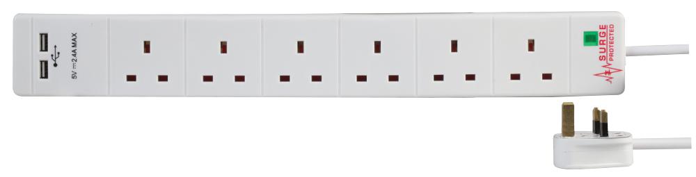 Pro Elec Pel00114 Extension 6 Gang 2 Usb Surge, White 3M